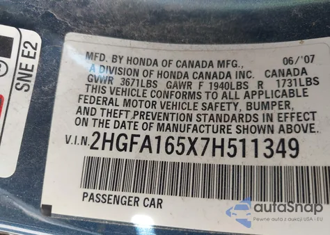 2007 Honda Civic Lx z USA, uszkodzony, nr VIN 2HGFA165X7H511349